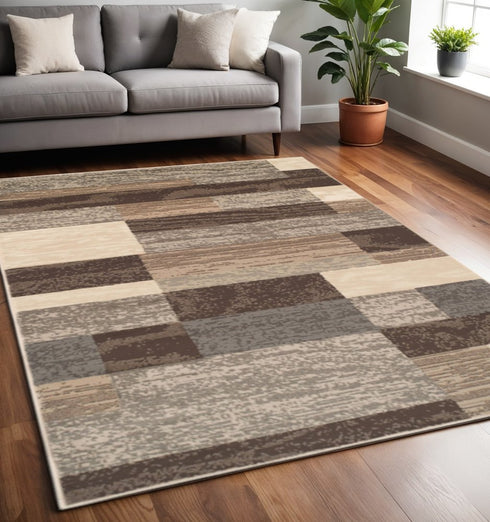 12' Beige Slate Gray And Brown Patchwork Runner Rug